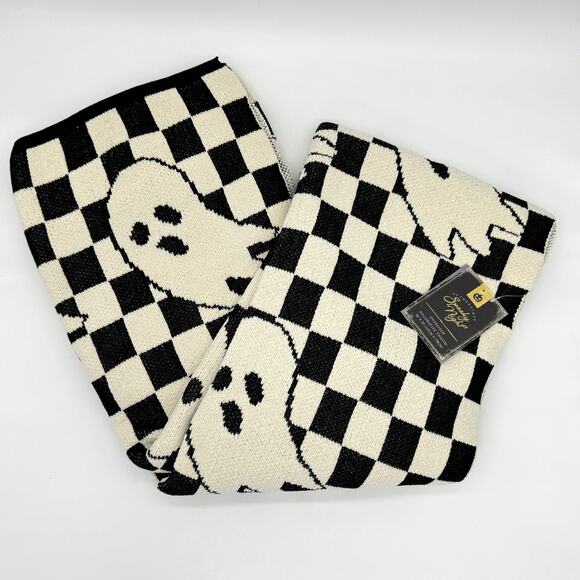Spooky Night Checkerboard Ghost Throw Blanket Halloween Black Natural Off White